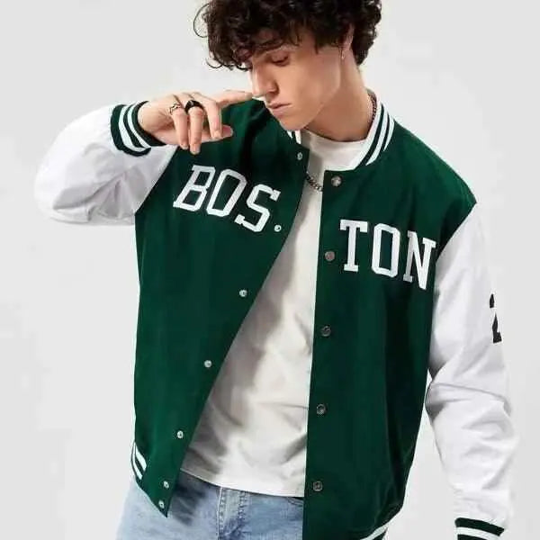 Green and white boston printer baseball jacket - The Divine Shop