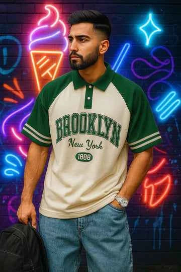 Brookyln printed polo T shirt in jersi White & Black