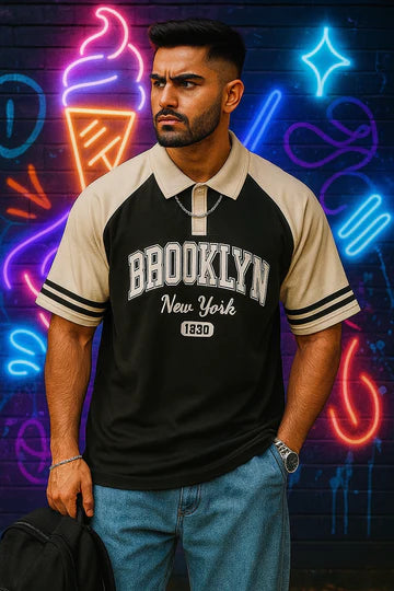Brookyln printed polo T shirt in jersi Black & White