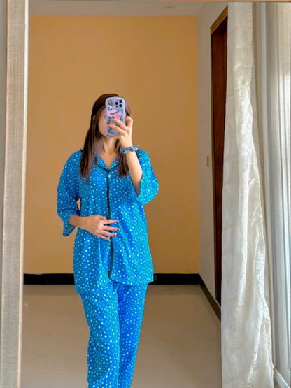 Blue Polka Dot Night wear PJs in quater sleeves