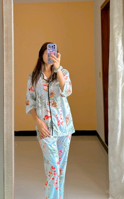 Elegent White Floral Night wear PJs in quater sleeves