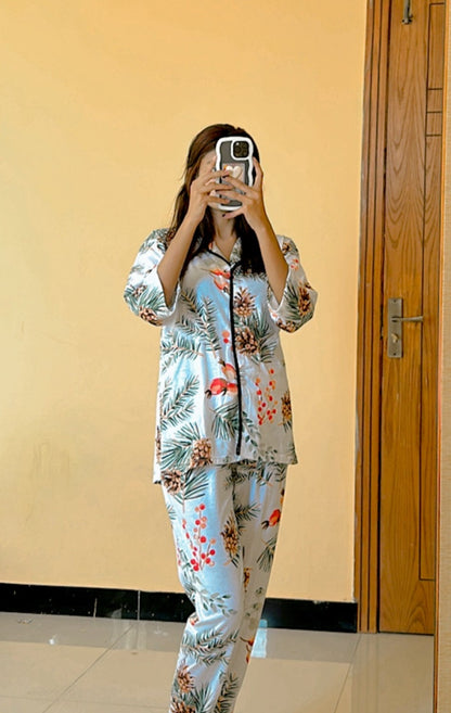 Elegent White Floral Night wear PJs in quater sleeves