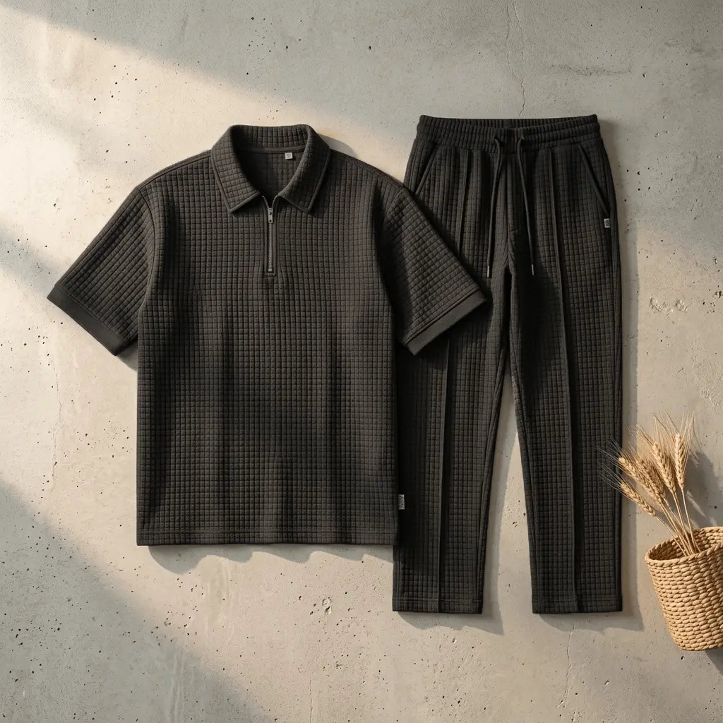Loose Fit Men's Solid ColorPolo Zipper Shirt & Pants Set - The Divine Shop