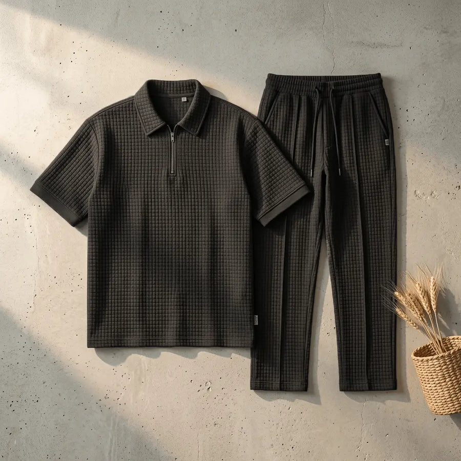 Loose Fit Men's Solid ColorPolo Zipper Shirt & Pants Set - The Divine Shop