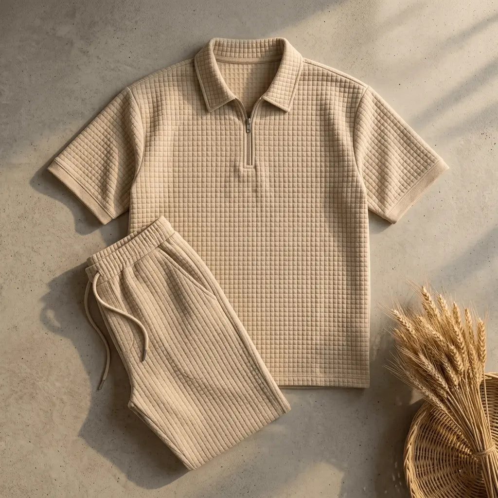 Loose Fit Men's Solid ColorPolo Zipper Shirt & Pants Set - The Divine Shop