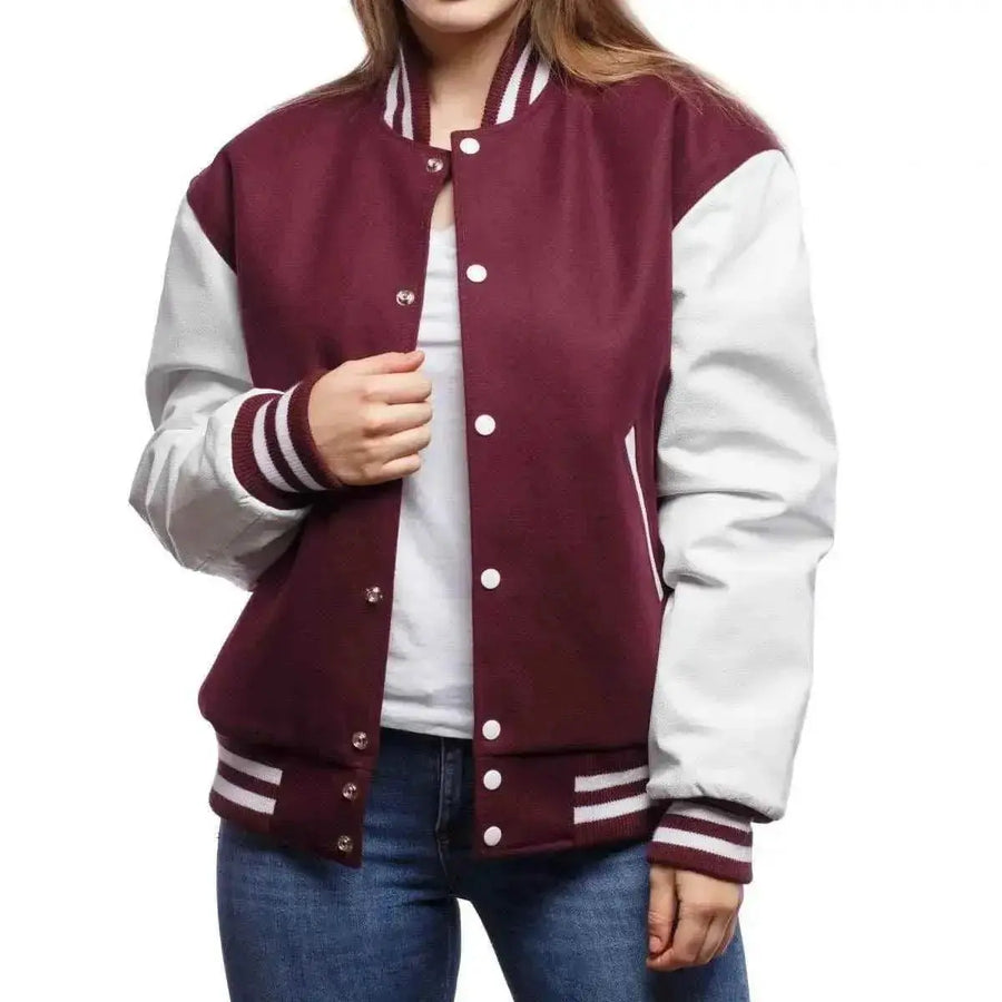 Maroon and white baseball jacket