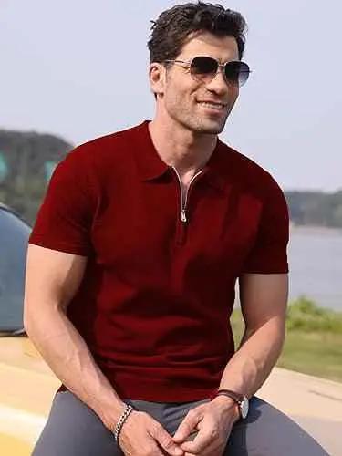 Maroon zipper polo shirt for men - The Divine Shop
