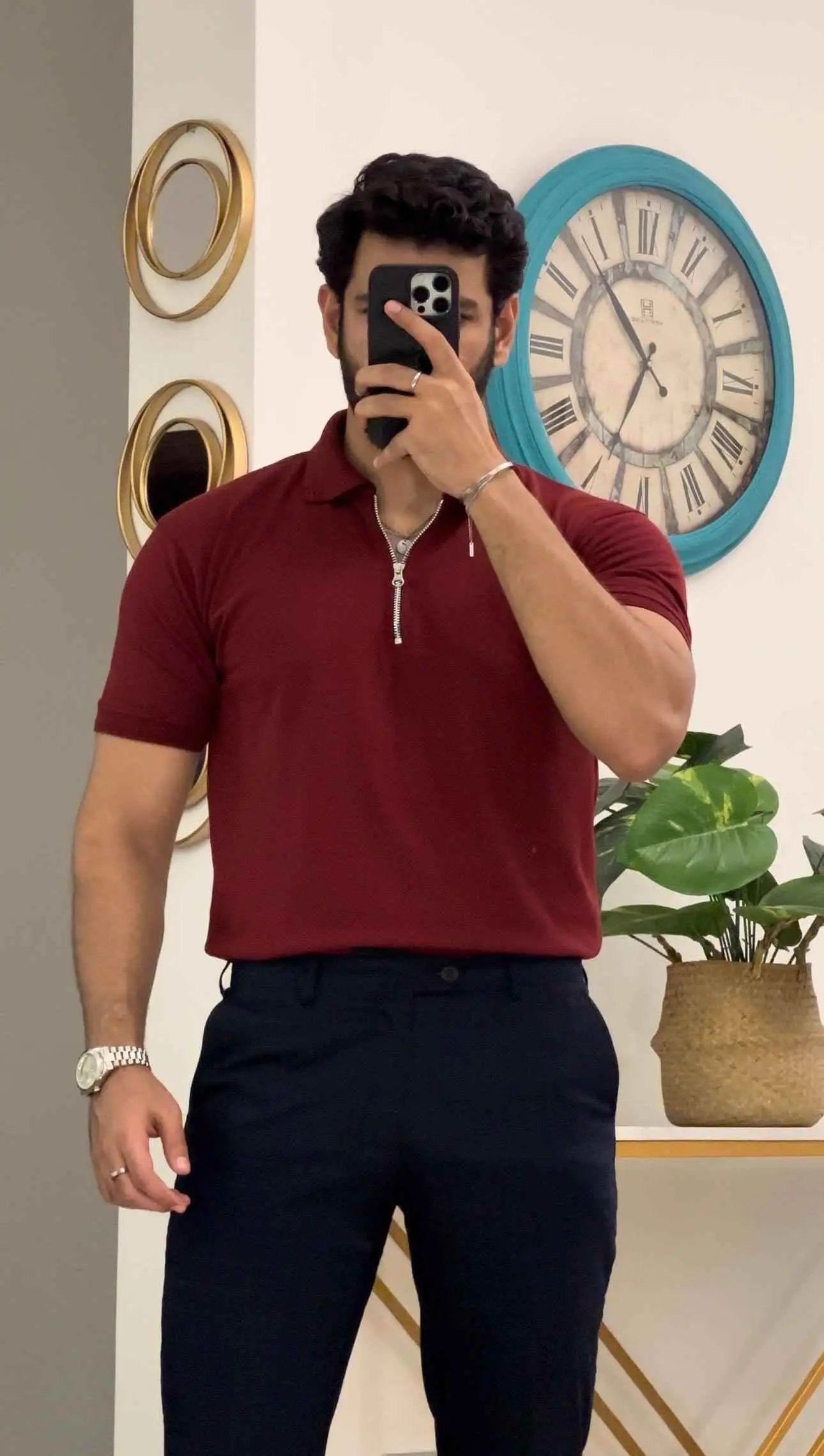 Maroon zipper polo shirt for men - The Divine Shop