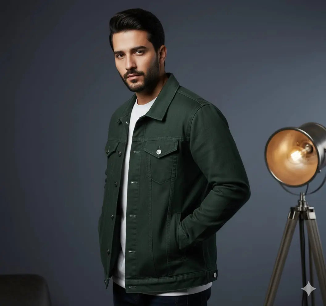 Olive green denim jacket export quality green - Premium Denim jacket from The Divine Shop - Just Rs.3999! Shop now at The Divine Shop