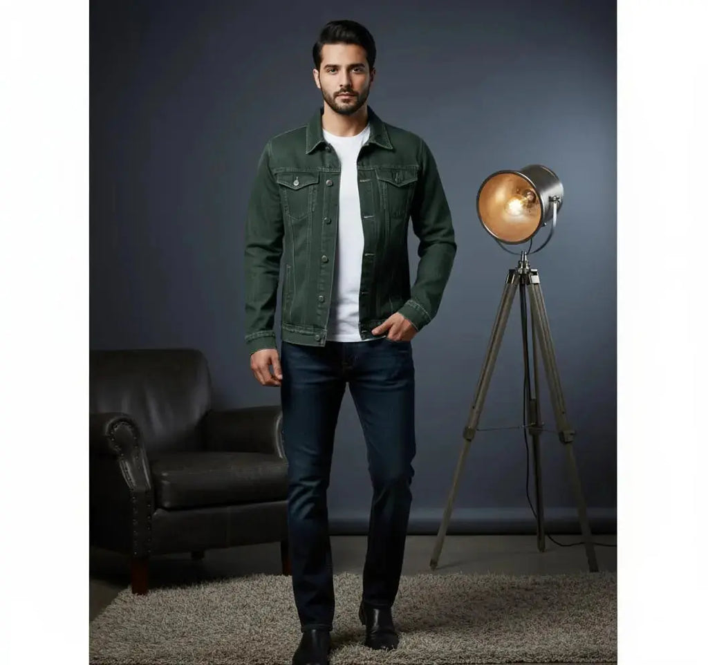 Olive green denim jacket export quality green - Premium Denim jacket from The Divine Shop - Just Rs.3999! Shop now at The Divine Shop