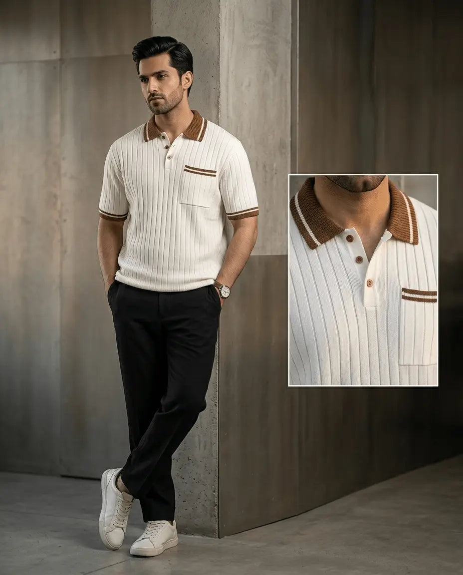Slim Fit Ribbed Knit Polo T-Shirt for Men – Premium Fabric - The Divine Shop