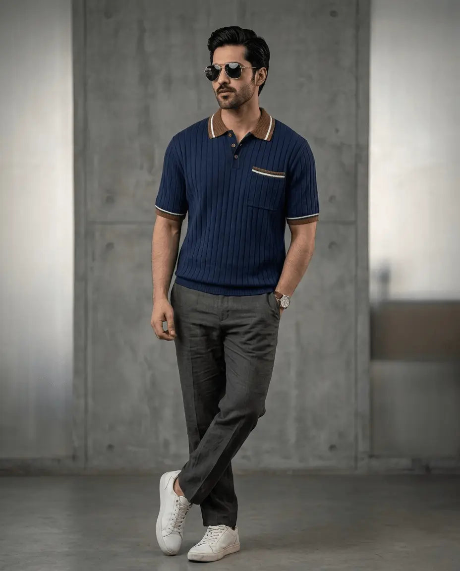 Slim Fit Ribbed Knit Polo T-Shirt for Men – Premium Fabric - The Divine Shop