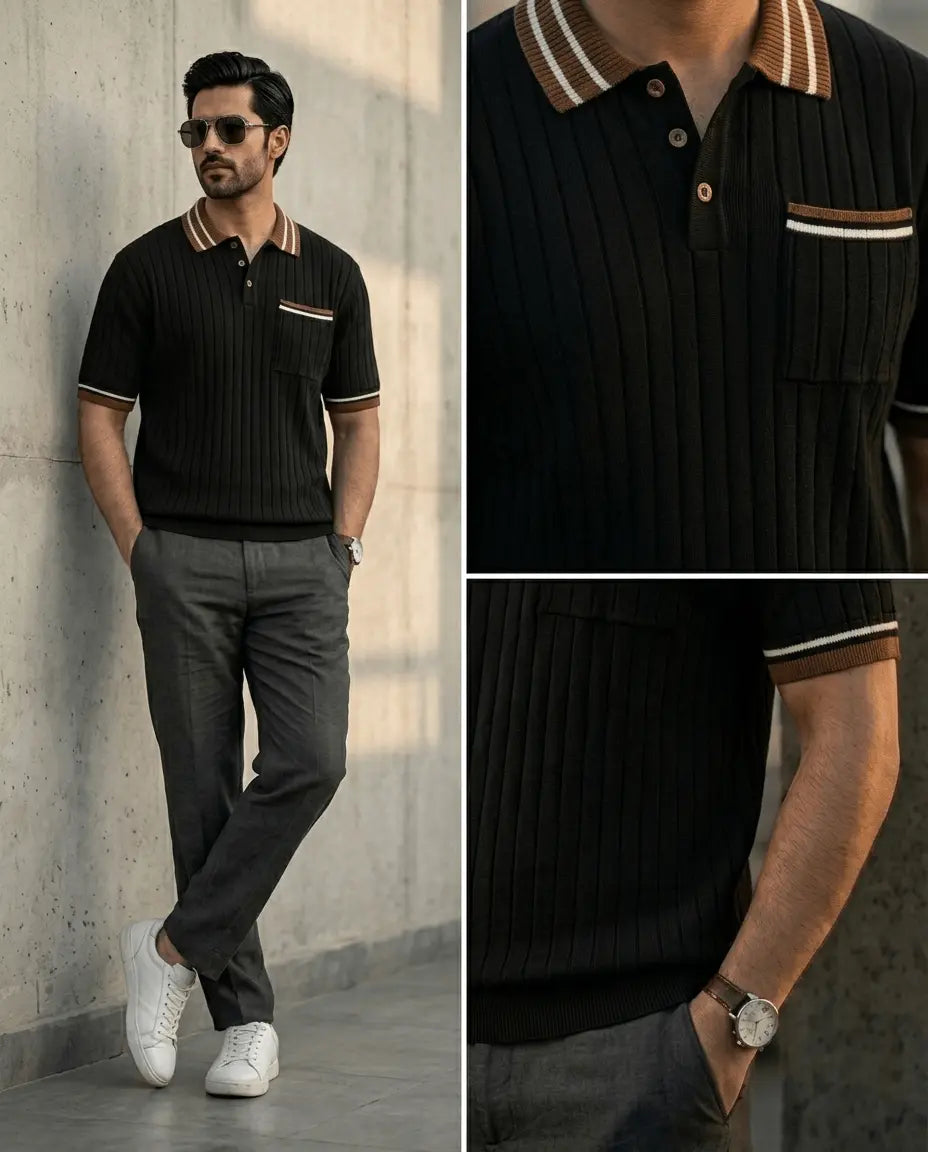 Slim Fit Ribbed Knit Polo T-Shirt for Men – Premium Fabric - The Divine Shop