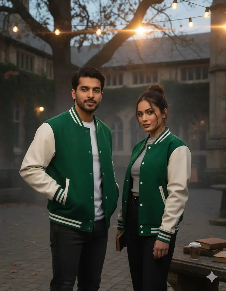 Two models wearing green varsity baseball jackets with cream sleeves outdoors — The Divine Shop
