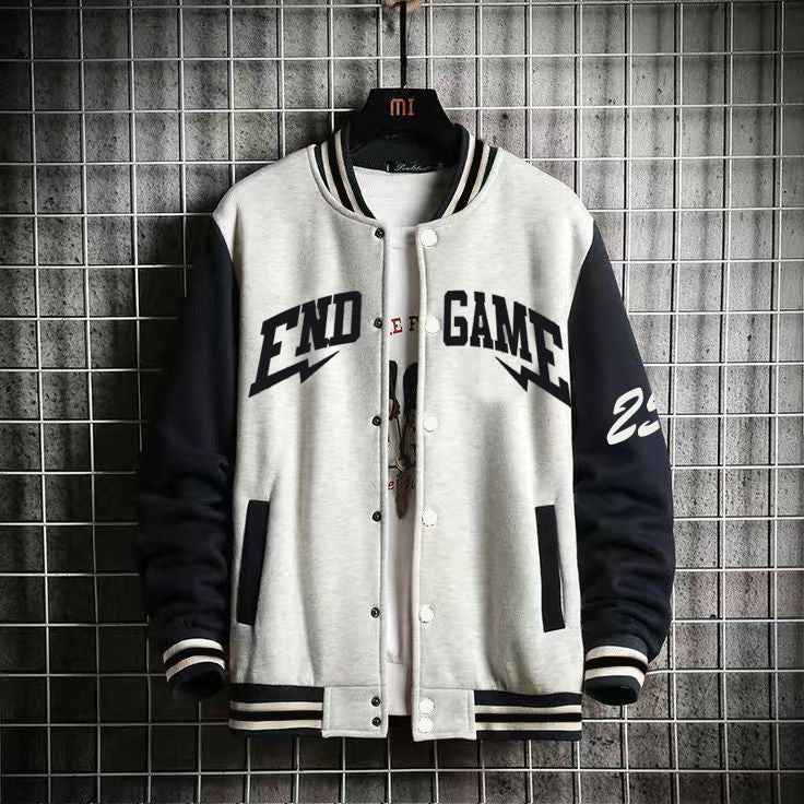 Surprise Box varsity baseball jacket style example: cream and black End Game jacket — The Divine Shop