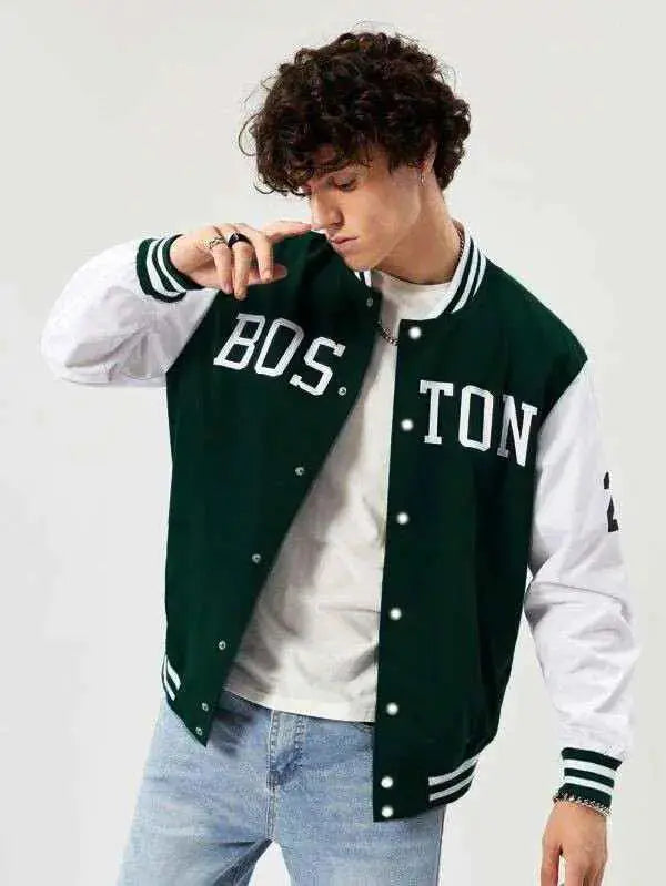 Surprise Box varsity baseball jacket style example: green and white Boston printed jacket — The Divine Shop