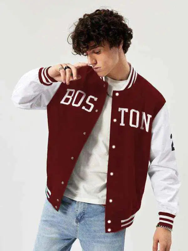 Surprise Box varsity baseball jacket style example: maroon and white Boston printed jacket on a model — The Divine Shop