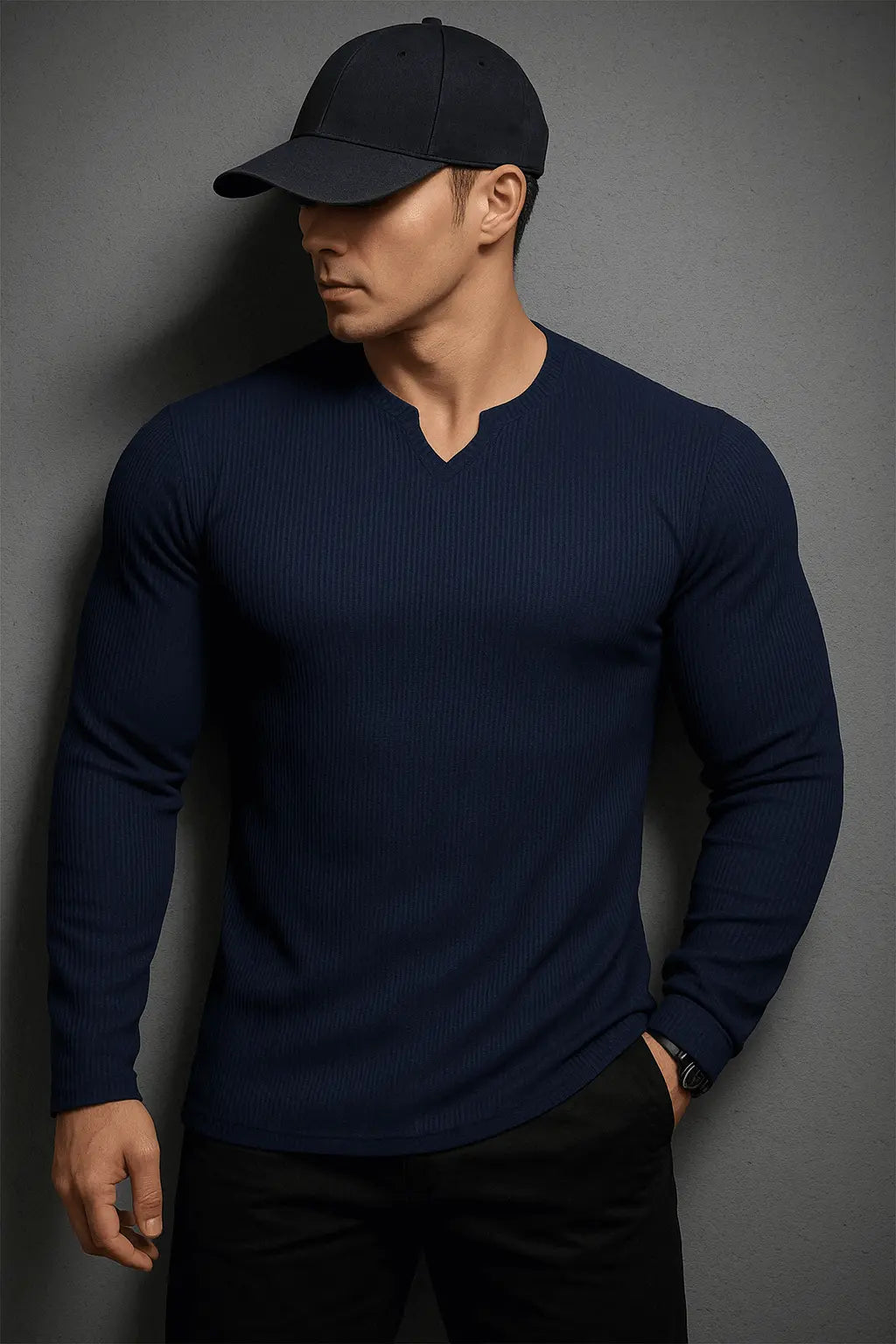V Shaped Crew Neck Long Sleeves Knitted T-Shirt - Premium waffle knitted t-shirt from The Divine Shop - Just Rs.1499! Shop now at The Divine Shop