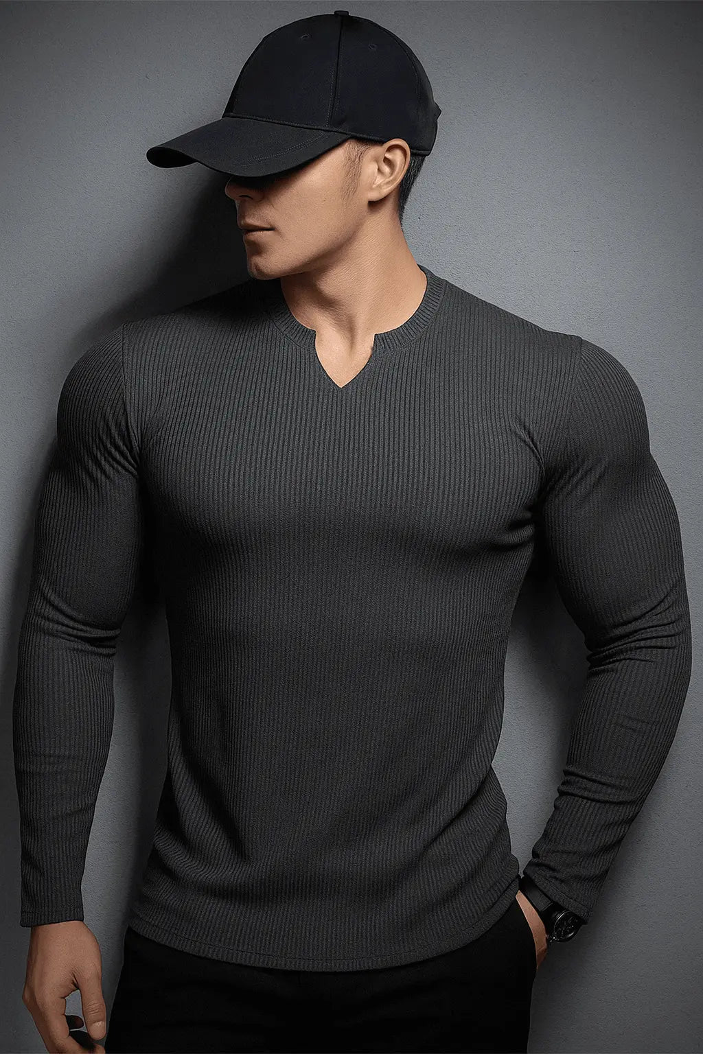 V Shaped Crew Neck Long Sleeves Knitted T-Shirt - Premium waffle knitted t-shirt from The Divine Shop - Just Rs.1499! Shop now at The Divine Shop
