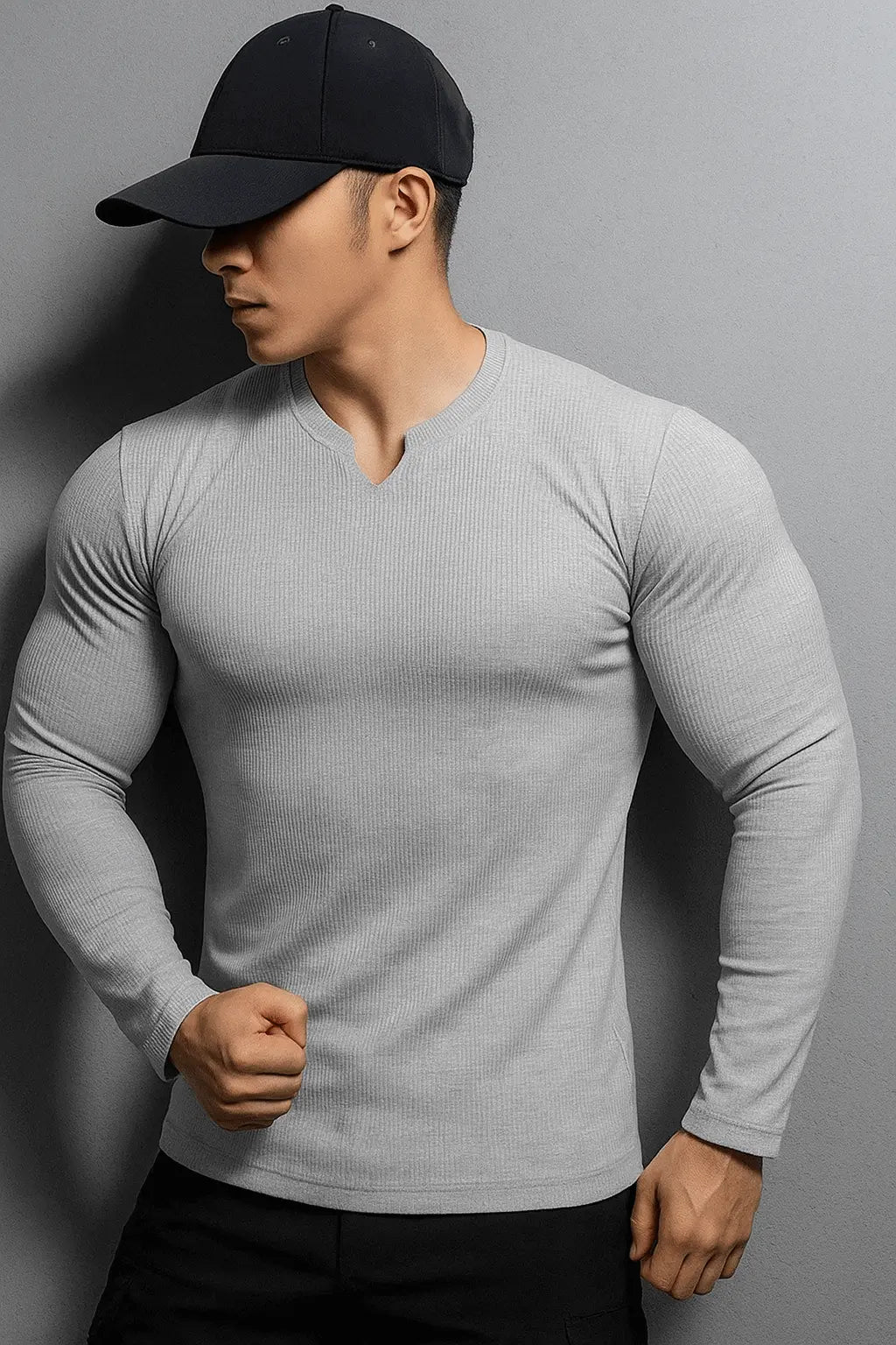 V Shaped Crew Neck Long Sleeves Knitted T-Shirt - Premium waffle knitted t-shirt from The Divine Shop - Just Rs.1499! Shop now at The Divine Shop
