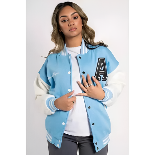 Sky Blue Contrast Sleeve Letter A Varsity Jacket