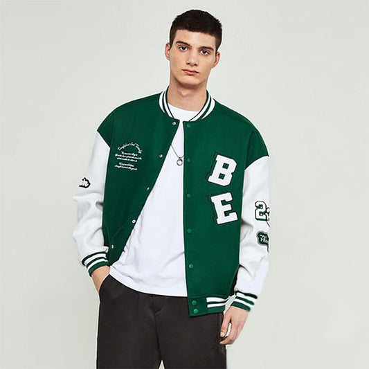 B-E Printed Green & White Baseball Jacket - The Divine Shop