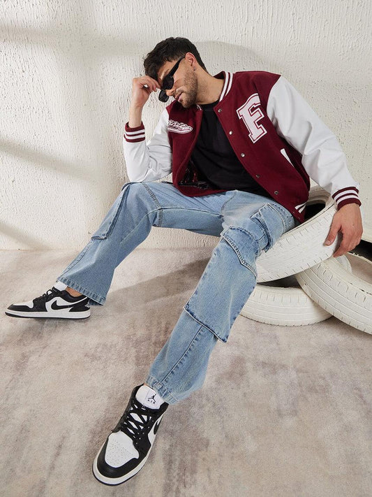 Baseball Jacket Maroon and White F Printed - The Divine Shop