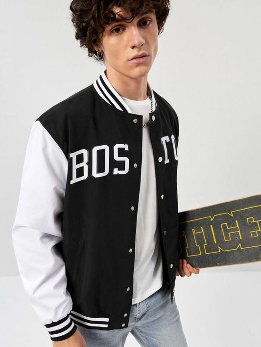 Black Boston Print Baseball jacket - The Divine Shop