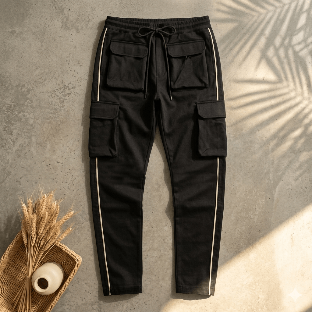 Black cargo pants white stripe hip hop mens - The Divine Shop