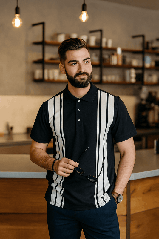 Black Polo With White Stripe Polo T-Shirts - The Divine Shop