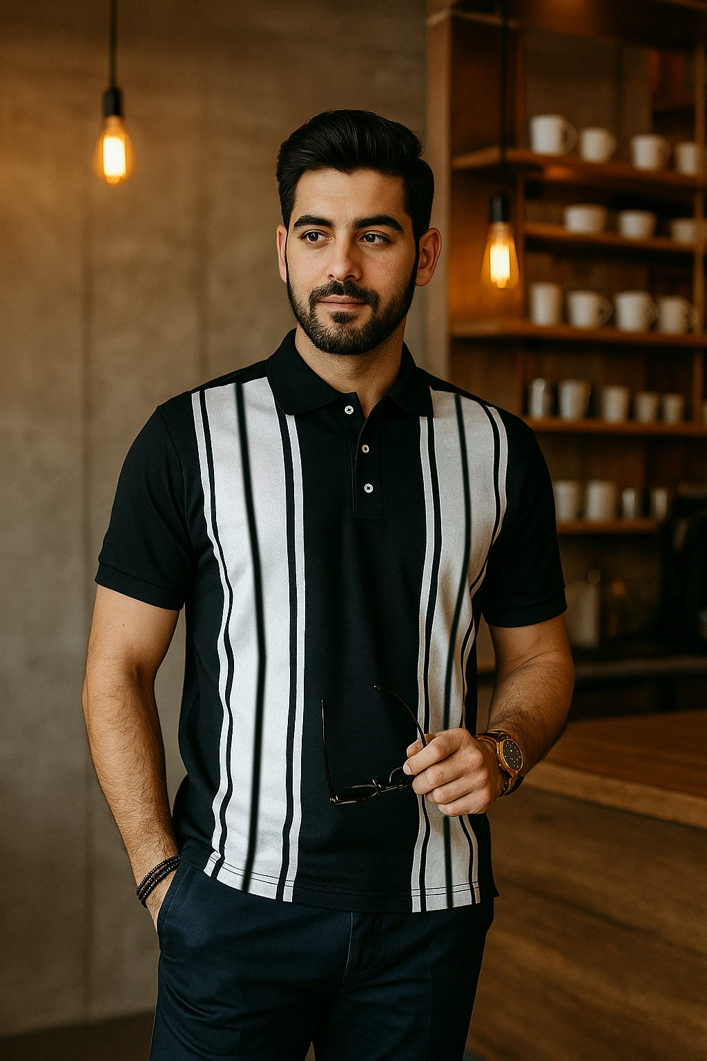 Black Polo With White Stripe Polo T-Shirts