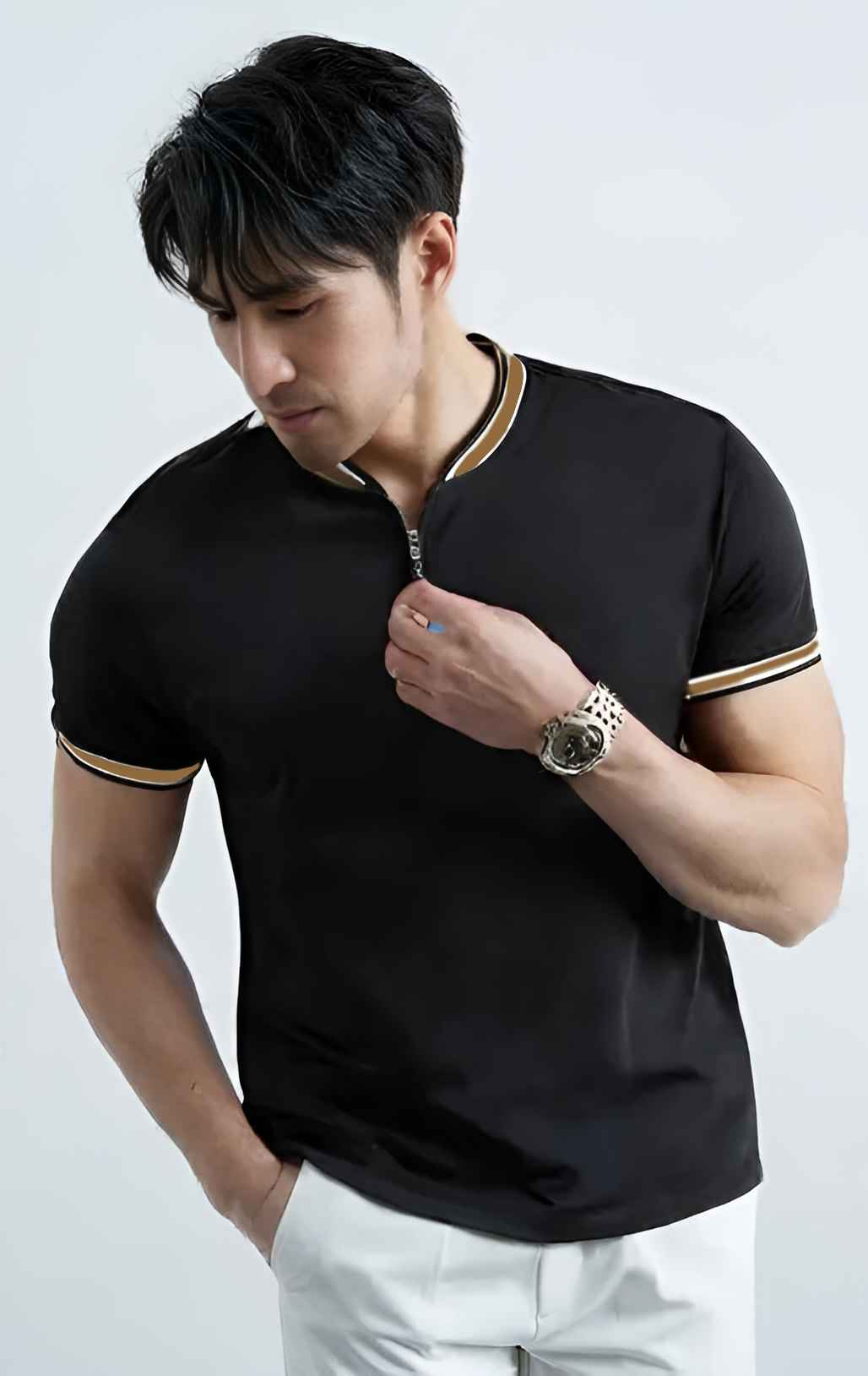 Madmext smoked polo neck black zip shirt - Premium Polo T-Shirt from The Divine Shop - Just Rs.1999! Shop now at The Divine Shop