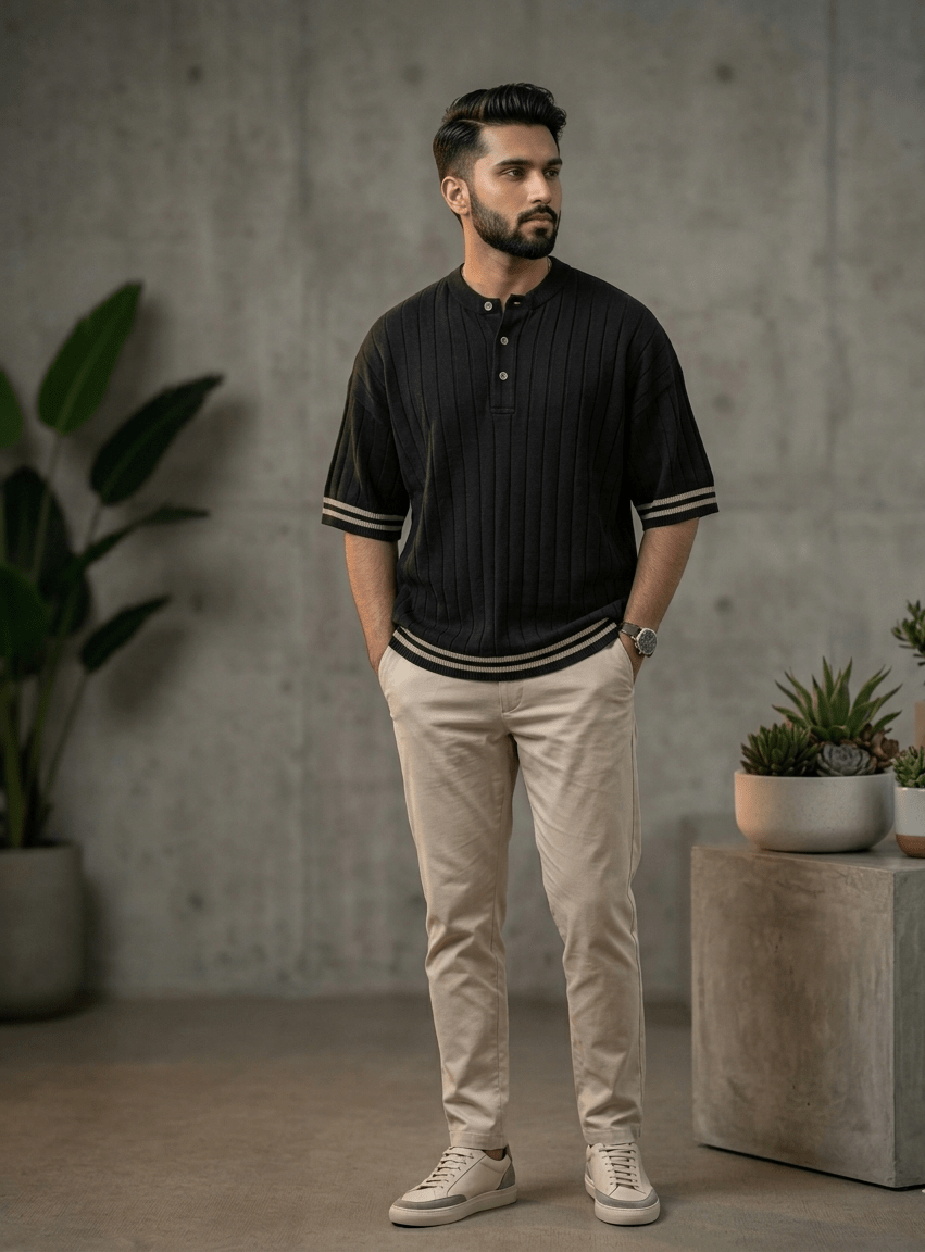 Bundles of 4 –Men’s Oversize Ribbed Henley T-Shirt - The Divine Shop