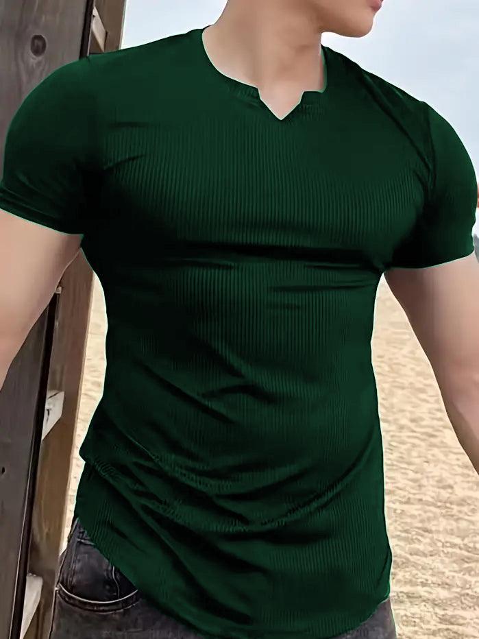 Cotton Knitted Half Sleeves T-Shirt Bottle Green - The Divine Shop