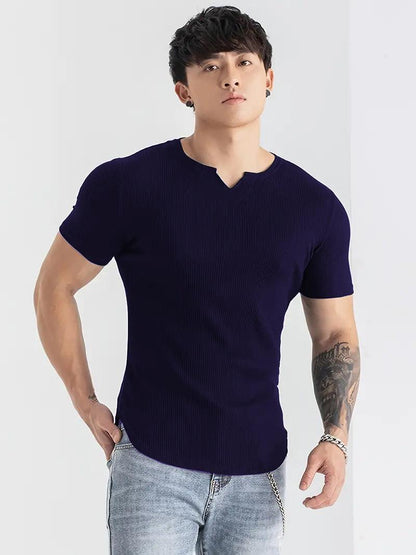 Cotton Knitted Half Sleeves T-Shirt Navy Blue - The Divine Shop