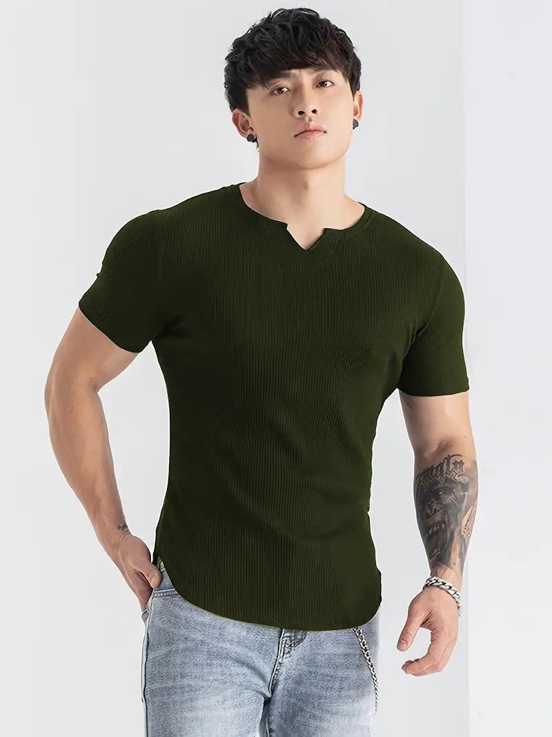 Cotton Knitted Half Sleeves T-Shirt Olive - The Divine Shop