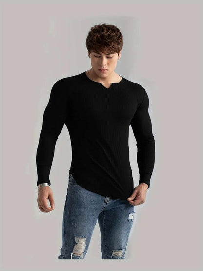 Cotton Knitted Long Sleeves T-Shirt Black - The Divine Shop