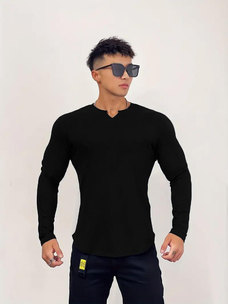 Cotton Knitted Long Sleeves T-Shirt Black - The Divine Shop