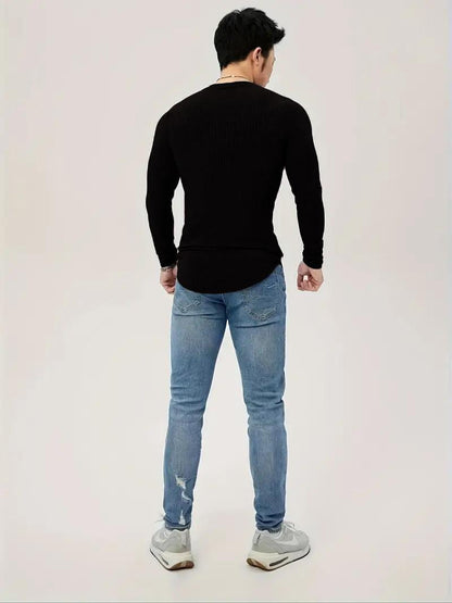 Cotton Knitted Long Sleeves T-Shirt Black - The Divine Shop