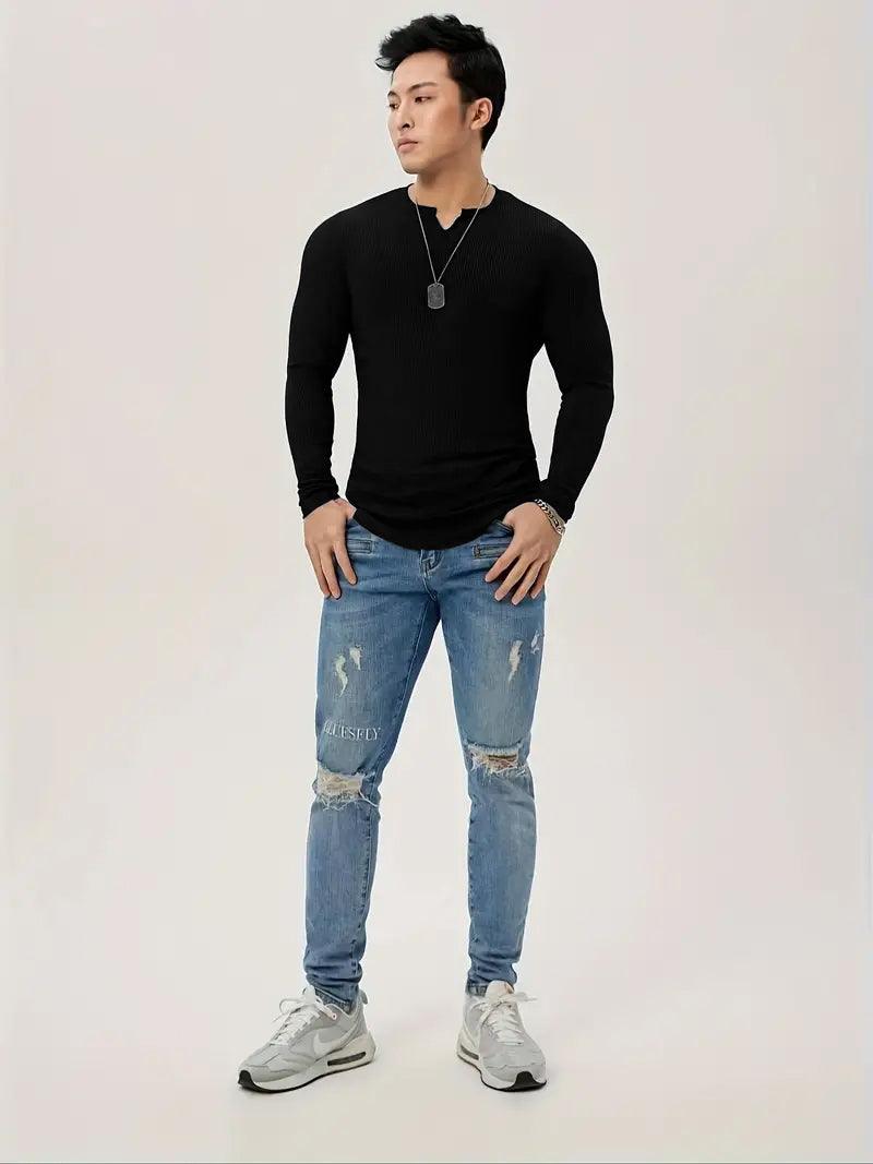 Cotton Knitted Long Sleeves T-Shirt Black - The Divine Shop