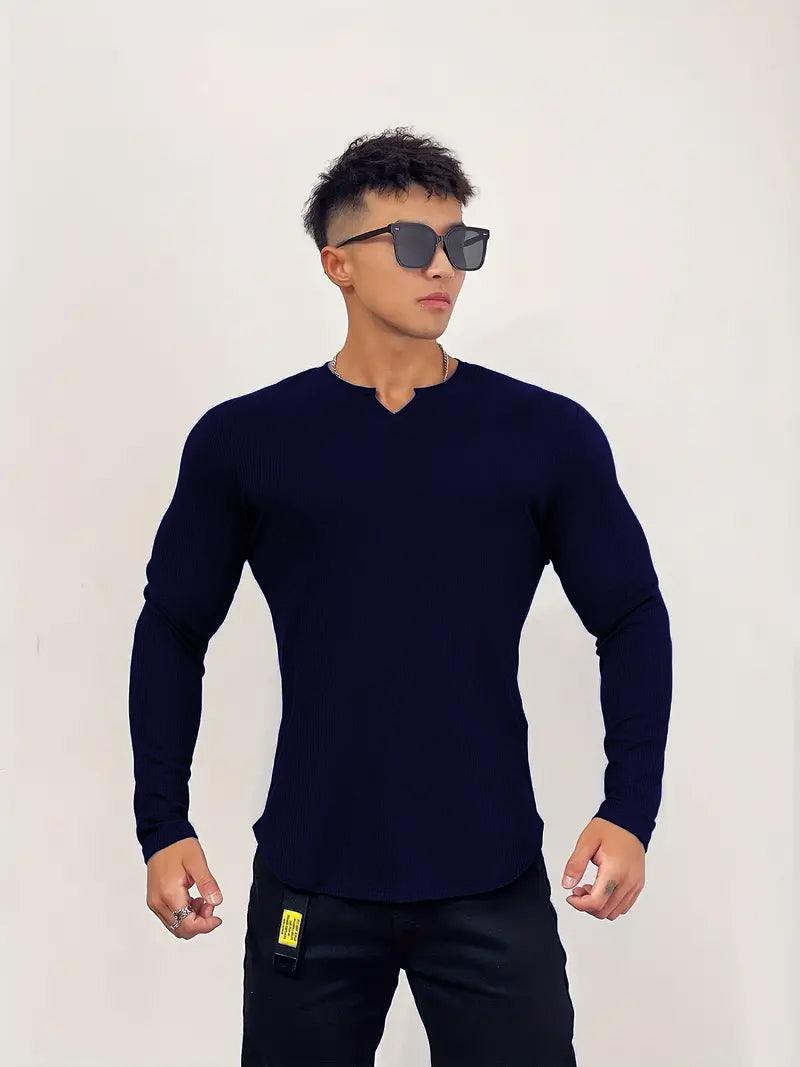 Cotton Knitted Long Sleeves T-Shirt Navy Blue - The Divine Shop