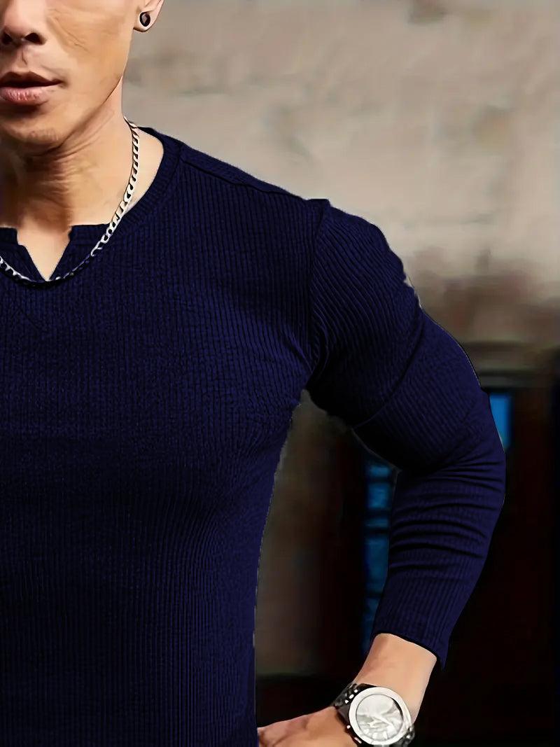 Cotton Knitted Long Sleeves T-Shirt Navy Blue - The Divine Shop