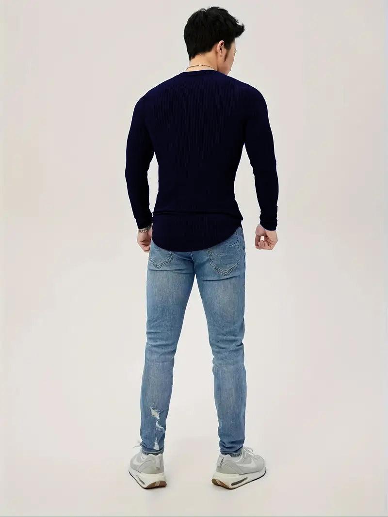 Cotton Knitted Long Sleeves T-Shirt Navy Blue - The Divine Shop