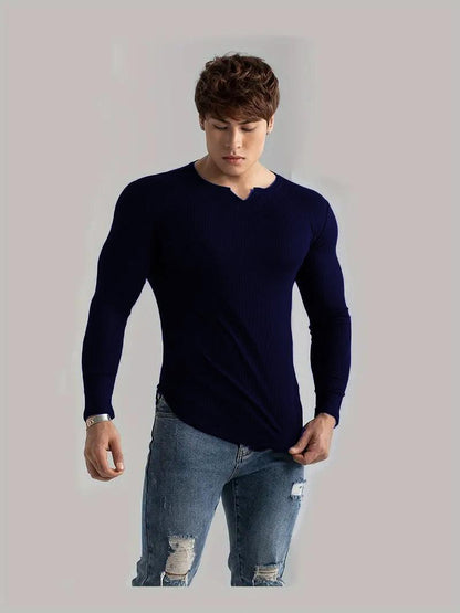 Cotton Knitted Long Sleeves T-Shirt Navy Blue - The Divine Shop