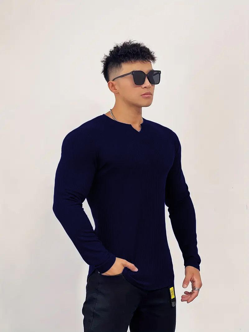 Cotton Knitted Long Sleeves T-Shirt Navy Blue - The Divine Shop