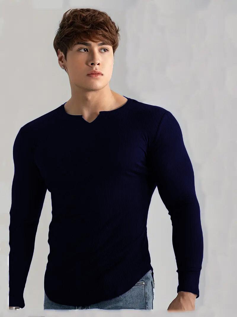 Cotton Knitted Long Sleeves T-Shirt Navy Blue - The Divine Shop