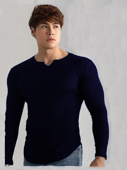 Cotton Knitted Long Sleeves T-Shirt Navy Blue - The Divine Shop