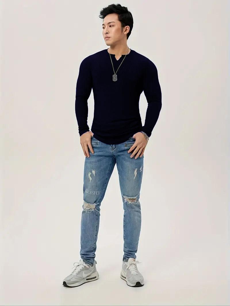 Cotton Knitted Long Sleeves T-Shirt Navy Blue - The Divine Shop