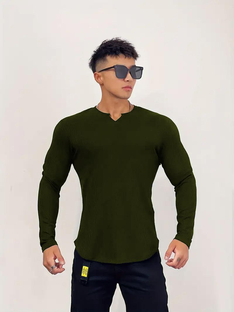 Cotton Knitted Long Sleeves T-Shirt Olive Green - The Divine Shop