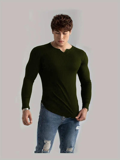 Cotton Knitted Long Sleeves T-Shirt Olive Green - The Divine Shop